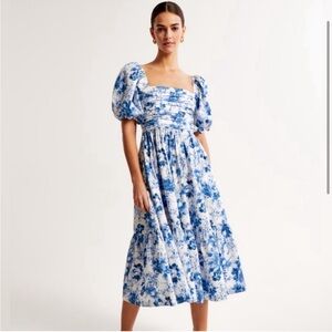 ABERCROMBIE EMERSON BLUE & WHITE FLORAL POPLIN PUFF SLEEVE MIDI DRESS Sz XS